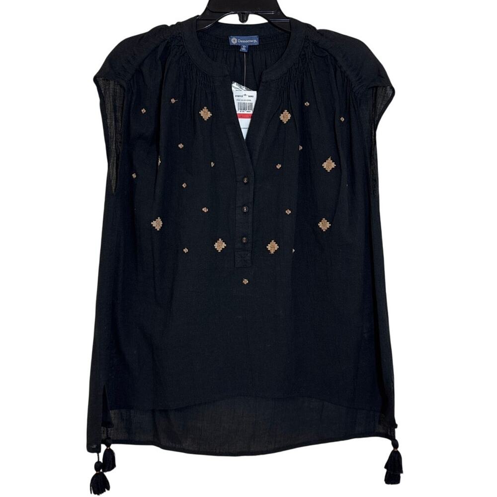 NWT Democracy XS Top Sheer Black Smocked Cap Sleeve High Low Hem With Tassels